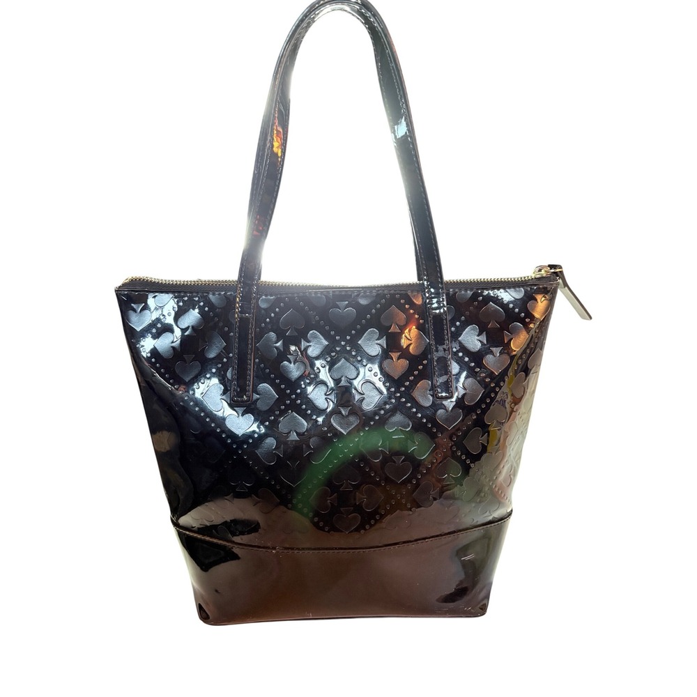 Kate Spade Black Patent Leather Heart Spade Print Tote Bag - Picture 2 of 9